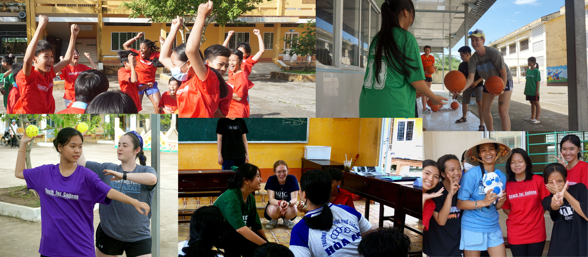 Clockwise from top left, Mount Holyoke student-athletes Laureen Jean-Jacques, Piper LaPointe, Aria Mallare, True Usiatynski, and Rachel Katzenberg all participated in Coach for College for three weeks this summer in Vietnam.