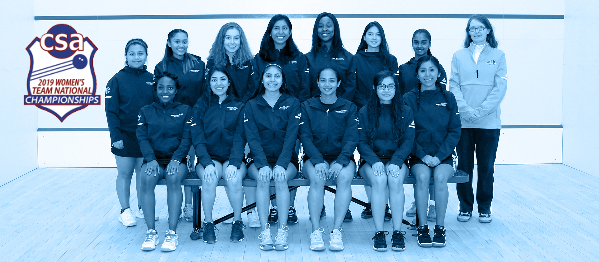 Photo showing the Lyons 2018-19 Squash team and the CSA Nationals logo