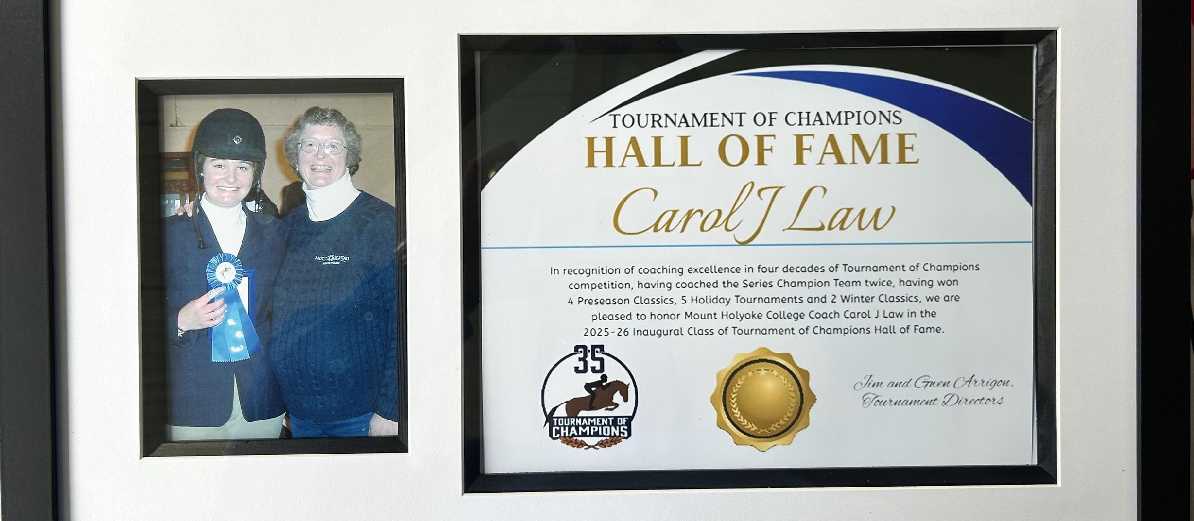 A submitted photo of the plaque Mount Holyoke head coach CJ Law will receive as an original member of the Tournament of Champions Hall of Fame.