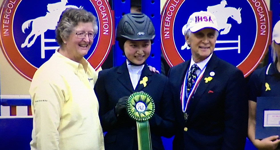MHC head coach CJ Law (L), first year Honami Tanaka and IHSA founder and President Bob Cacchione (R).