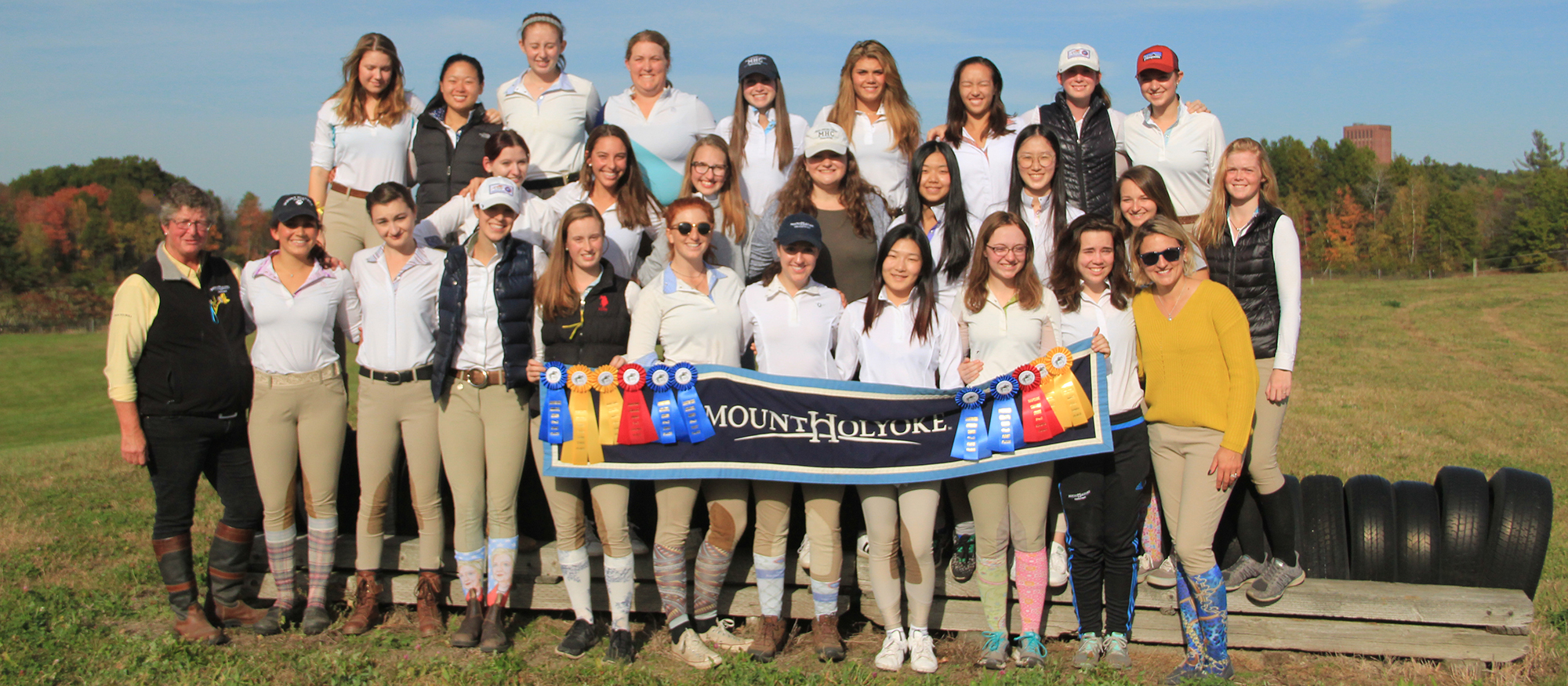 Action photo of the Lyons riding team after the October 21st show at UMass. The team finished third overall in the field of nine teams.