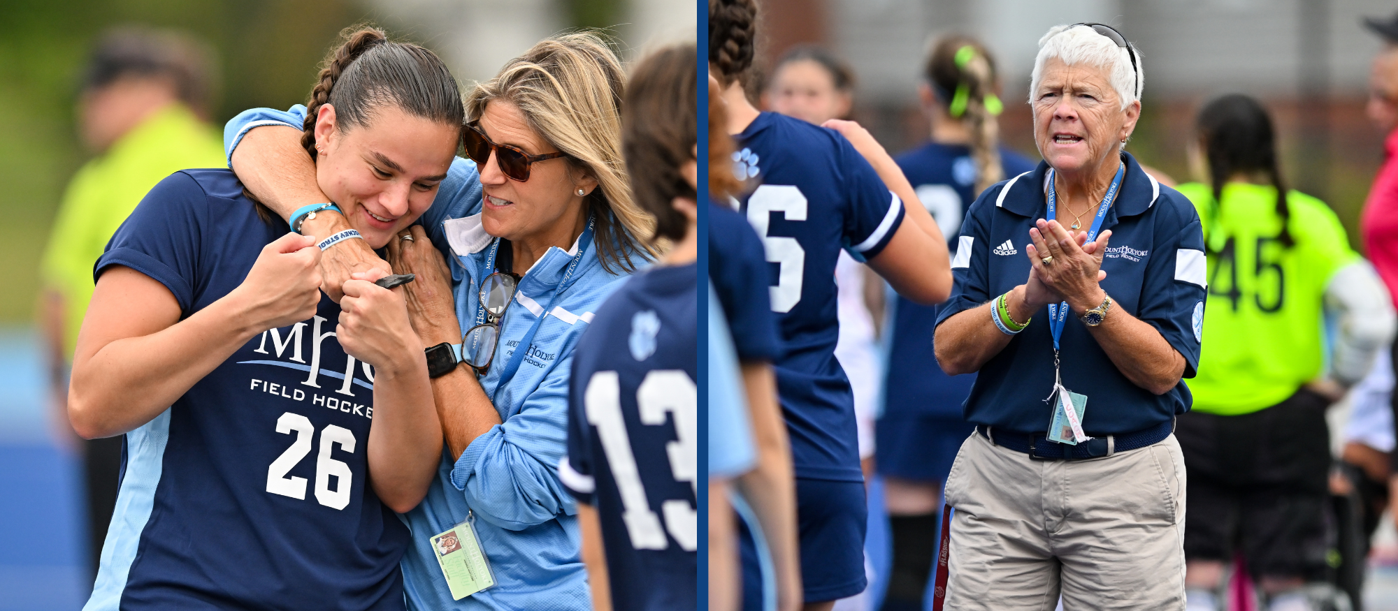 Sophia Guziewicz (left) scored the winning goal as Andy Whitcomb (center) earned her 300th career win in what was also assistant coach and field hockey legend Sherry Webb's (right) final game, on Oct. 29, 2024. (RJB Sports file photos)