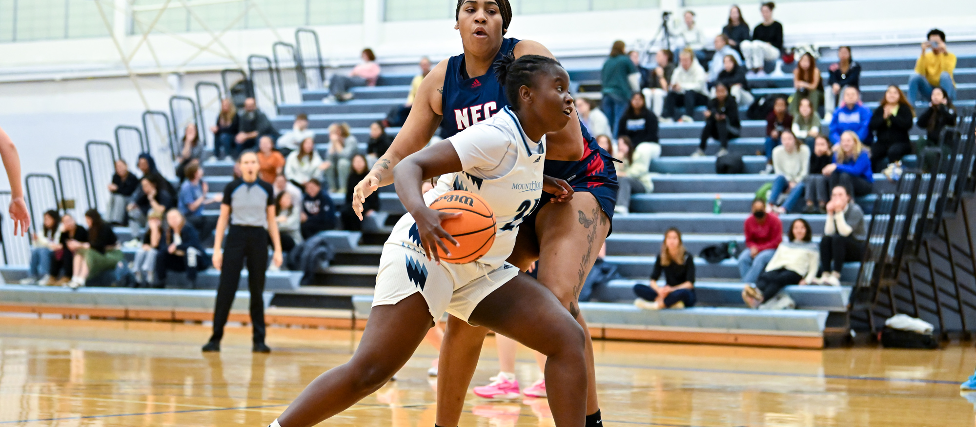 Nicole Lutalo scored a career-high nine points and grabbed a game-high nine rebounds in Mount Holyoke's 67-44 loss against Fitchburg State on Nov. 30, 2023. (RJB Sports file photo)