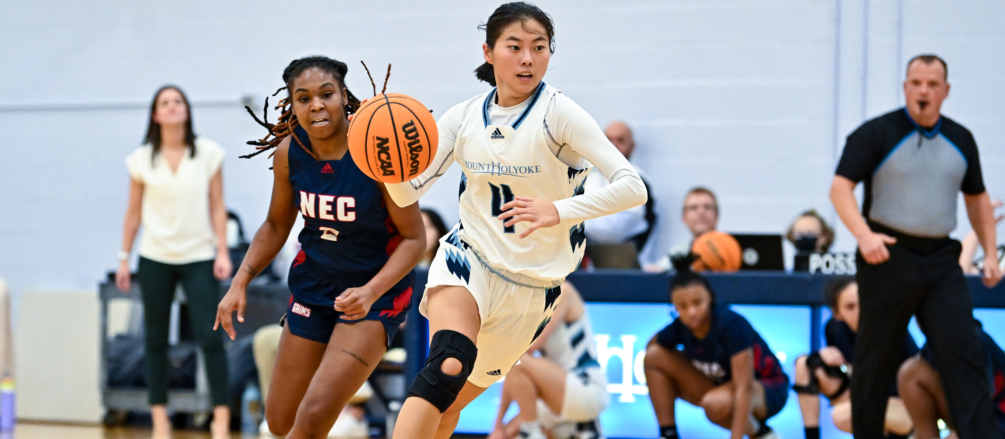 Katie Rha hit a pair of 3-pointers in the first quarter of Mount Holyoke's loss at Johnson & Wales on Nov. 18, 2023. (RJB Sports file photo)