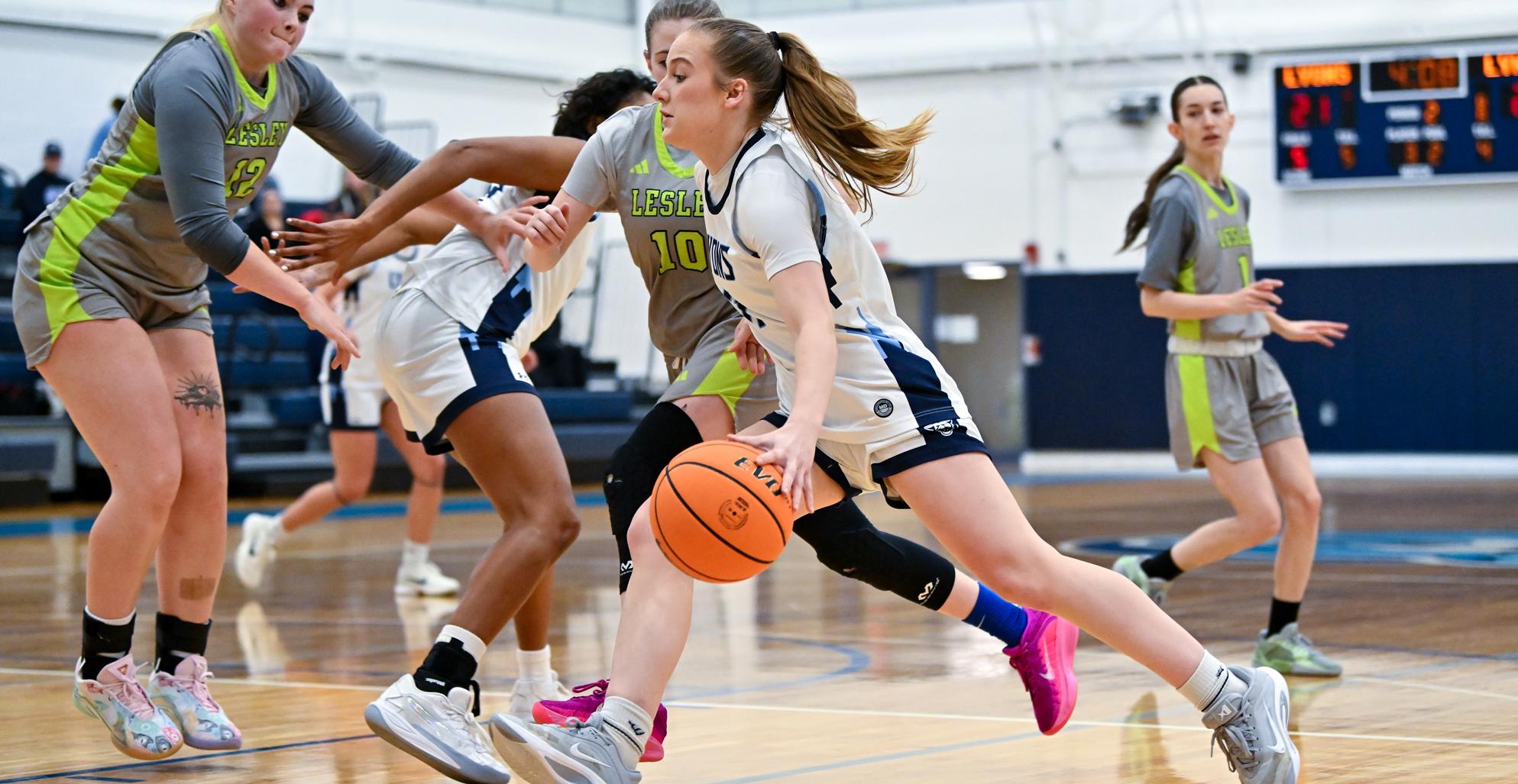 Hannah Goen had a game-high 15 points and made five steals in Mount Holyoke's 63-51 loss to Anna Maria on Dec. 6, 2025. (RJB Sports file photo)