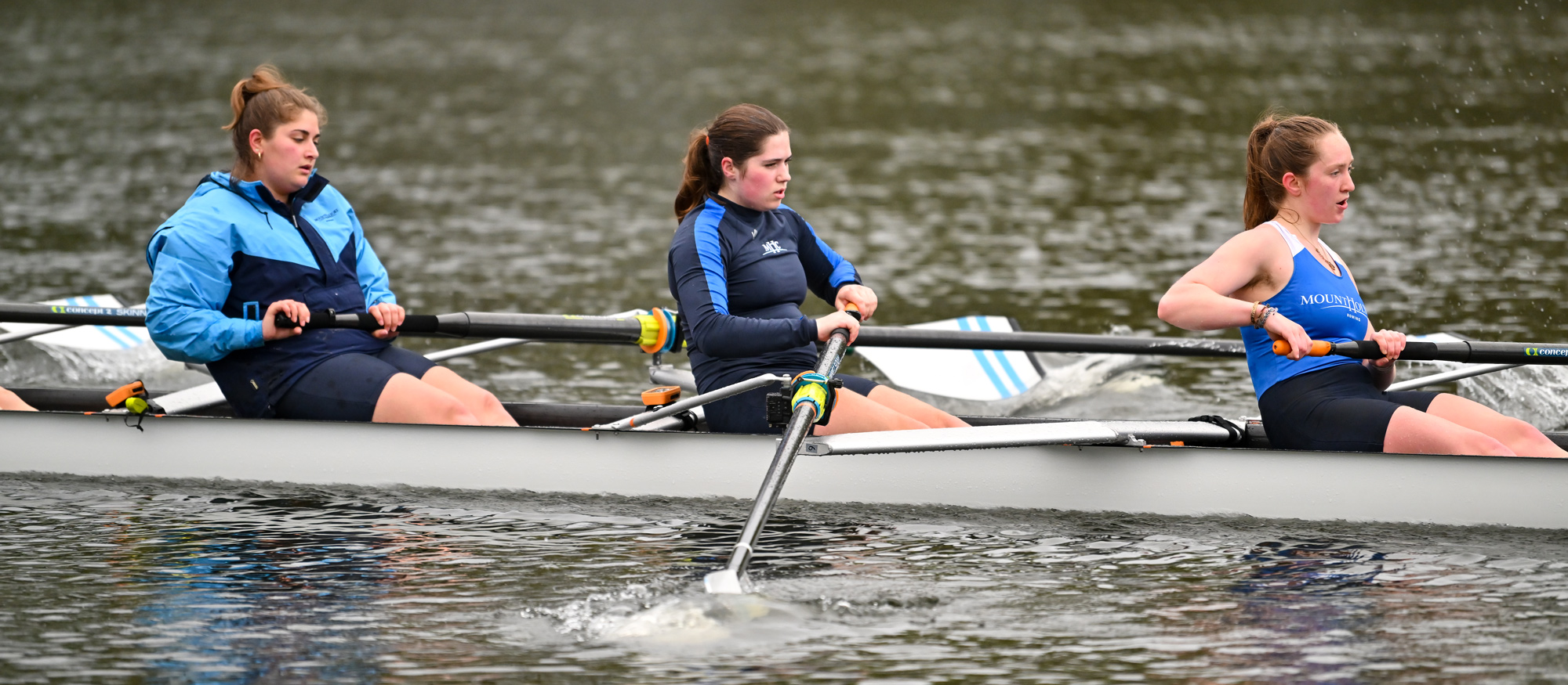 Jill Slatch, Katrina Holbrook and Lilla Carroll helped Mount Holyoke place ninth out of 18 boats in Women's Collegiate Eights at the Wormtown Chase regatta on Oct. 26, 2024. (RJB Sports file photo)