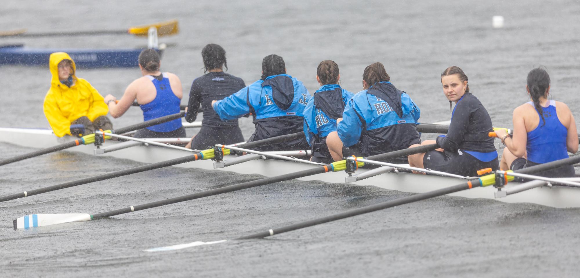 Water was all around the Mount Holyoke varsity eight at the NEWMAC Rowing Championships on April 26, 2025. (Katie Morrison O'Day/Courtesy of WPI)