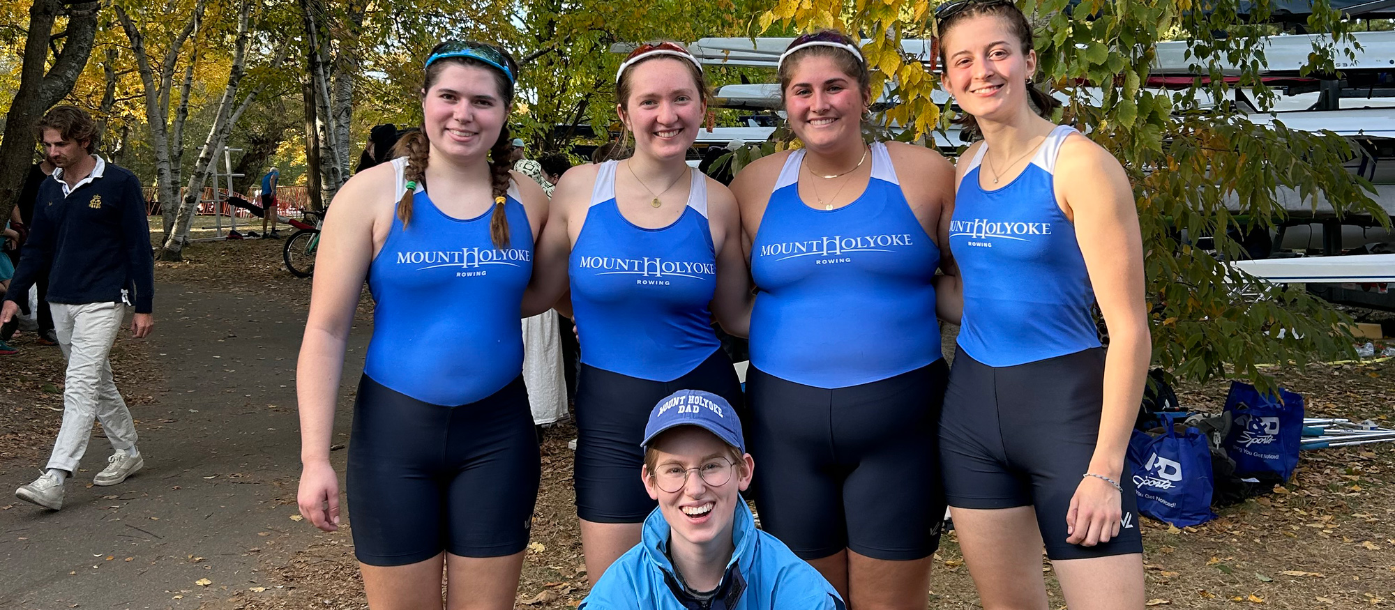 Coxswained by Jen Butler (bottom), Mount Holyoke's 1V4 (left to right: Katrina Holbrook, Lilla Carroll, Jill Slatch, Gwyn Munroe) placed in the top half of a competitive field in women's collegiate fours at the Head of the Charles on Oct. 20, 2024.