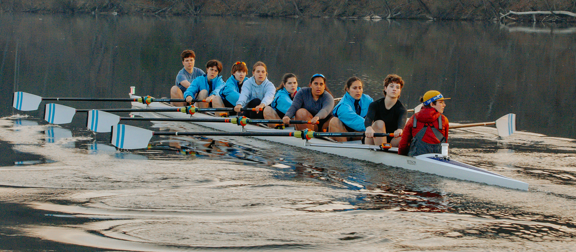 Mount Holyoke's first varsity eight outpaced Clark University in the 1V8 Third Final at the New England Rowing Championships on May 2, 2026. (File photo by Alex Dizes)
