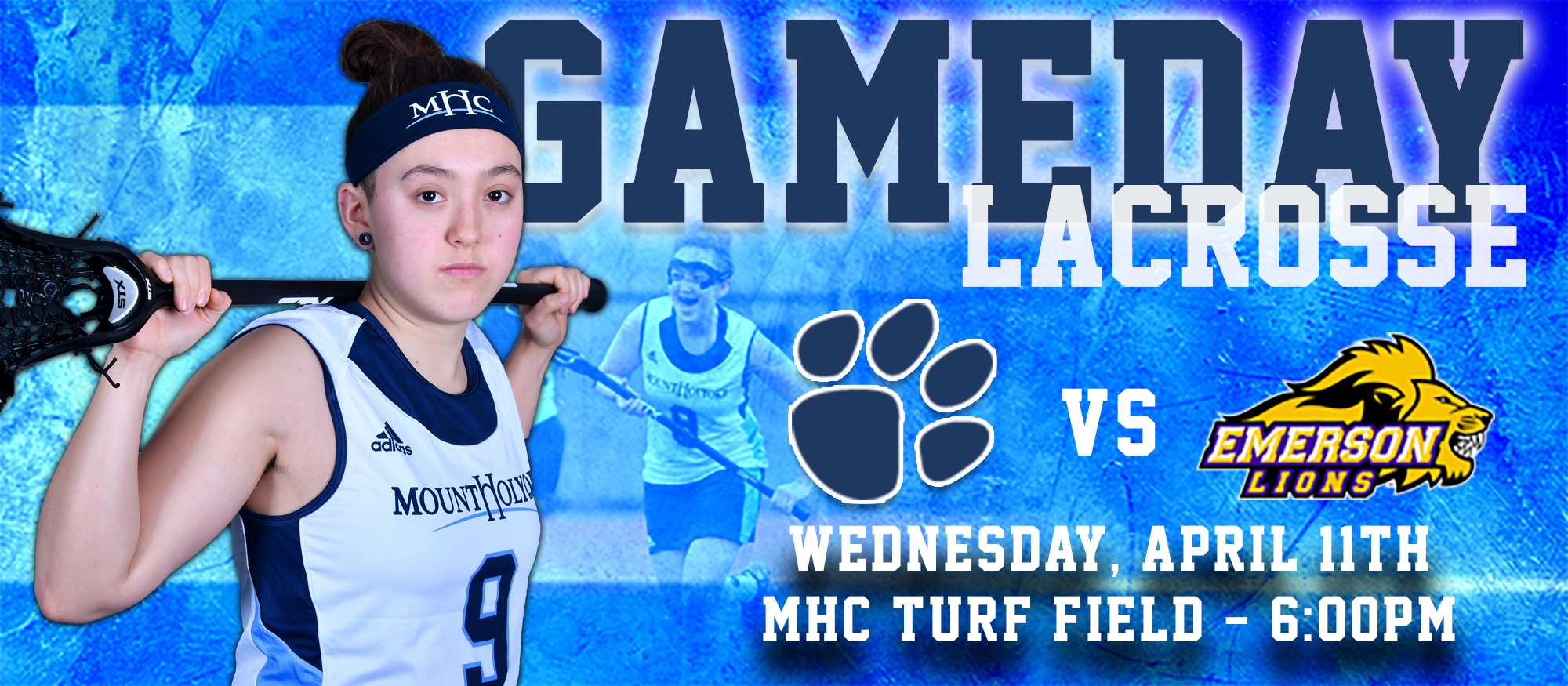 Gameday graphic promoting the Lyons lacrosse game on April 11th at 6pm at home against Emerson.