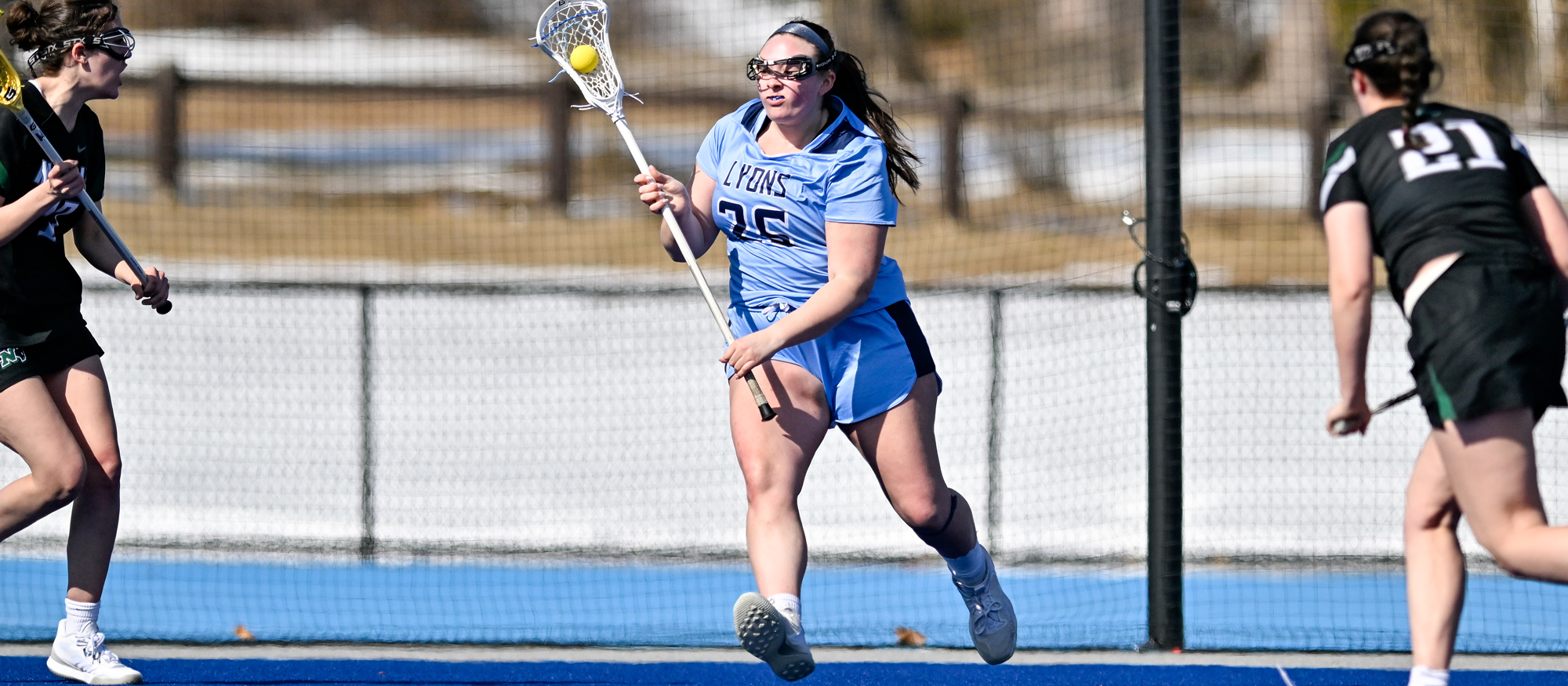 Maddie Millyan scored back-to-back goals to give Mount Holyoke a 7-5 lead in the third quarter of the Lyons' game against Salve Regina on April 16, 2025. (RJB Sports file photo)