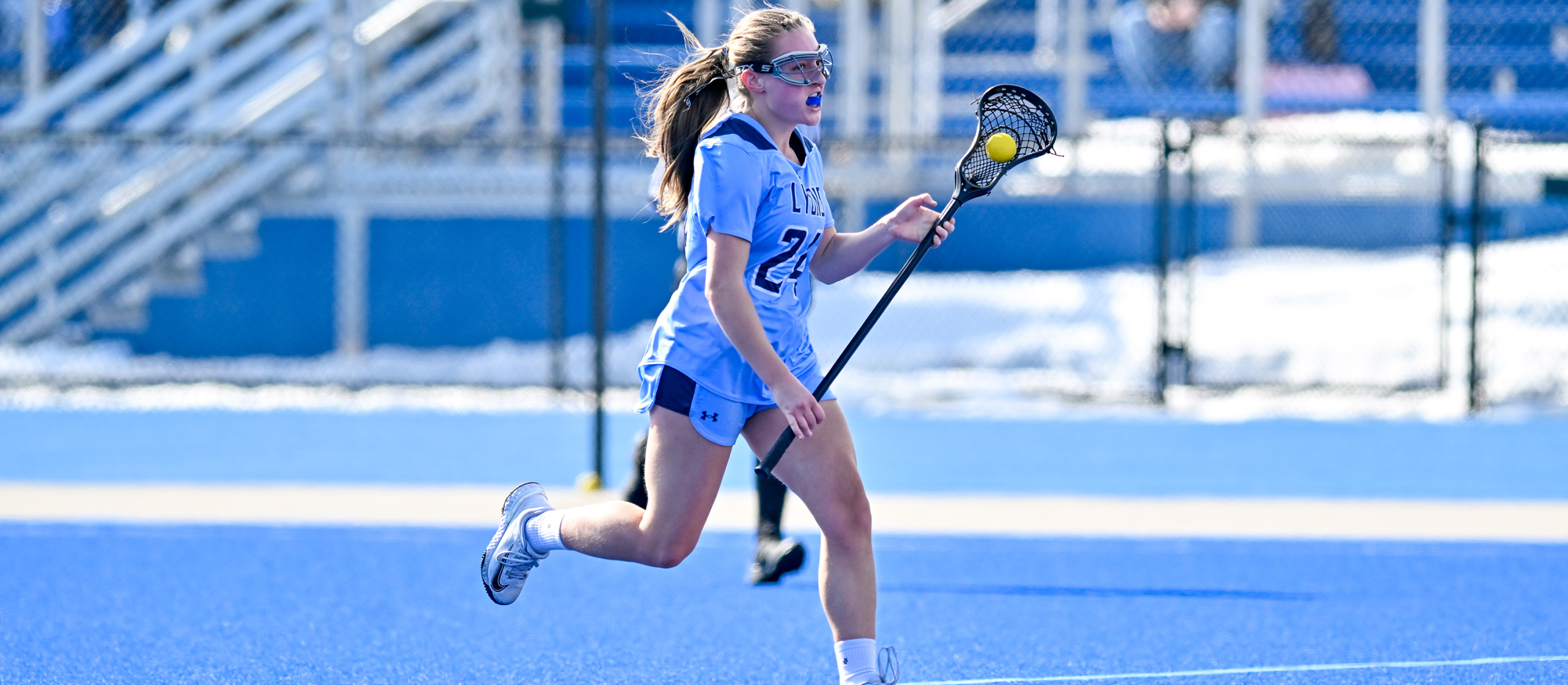Juliana Spaulding scored her 10th and 11th goals of the season in Mount Holyoke's 15-4 loss to Smith on March 14, 2025. (RJB Sports file photo)