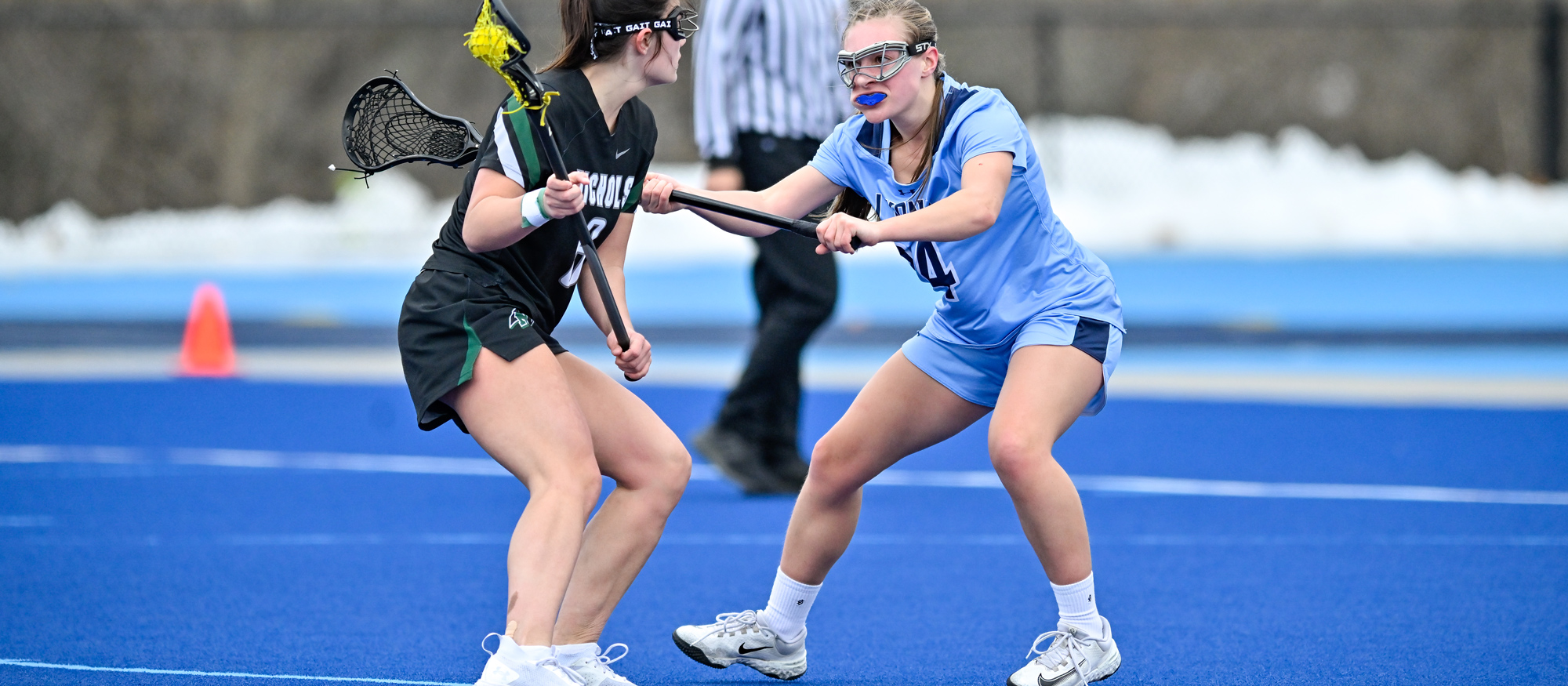 Juliana Spaulding's all-around effort included three goals, one assist, seven draw controls, three caused turnovers and five ground balls in the Lyons' 14-5 loss at Clark on April 13, 2025. (RJB Sports file photo)