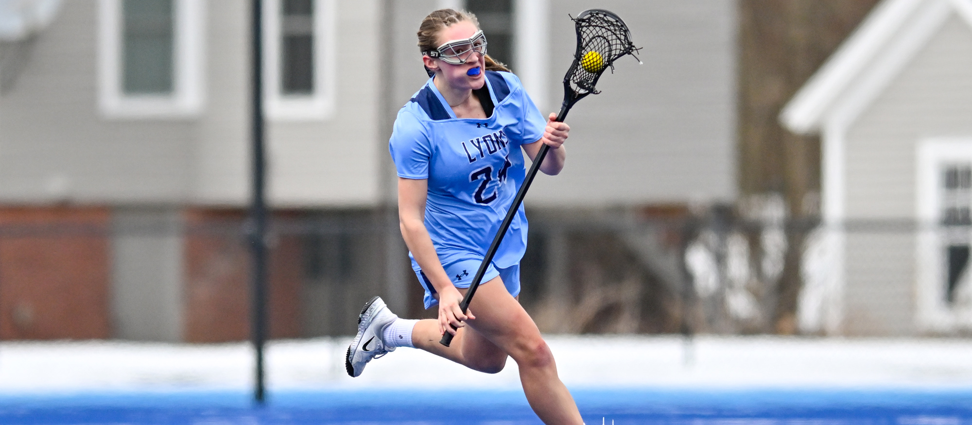 Juliana Spaulding scored three goals -- her sixth multi-goal performance in as many games this season -- in Mount Holyoke's 23-3 loss at Marymount University on March 20, 2025. (RJB Sports file photo)