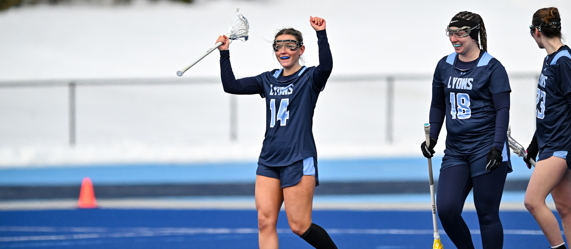 Emi Bisson had five goals and three assists, including her 200th career point, in Mount Holyoke's 19-9 win over UMaine-Farmington on March 1, 2026. (Bob Blanchard/RJB Sports)