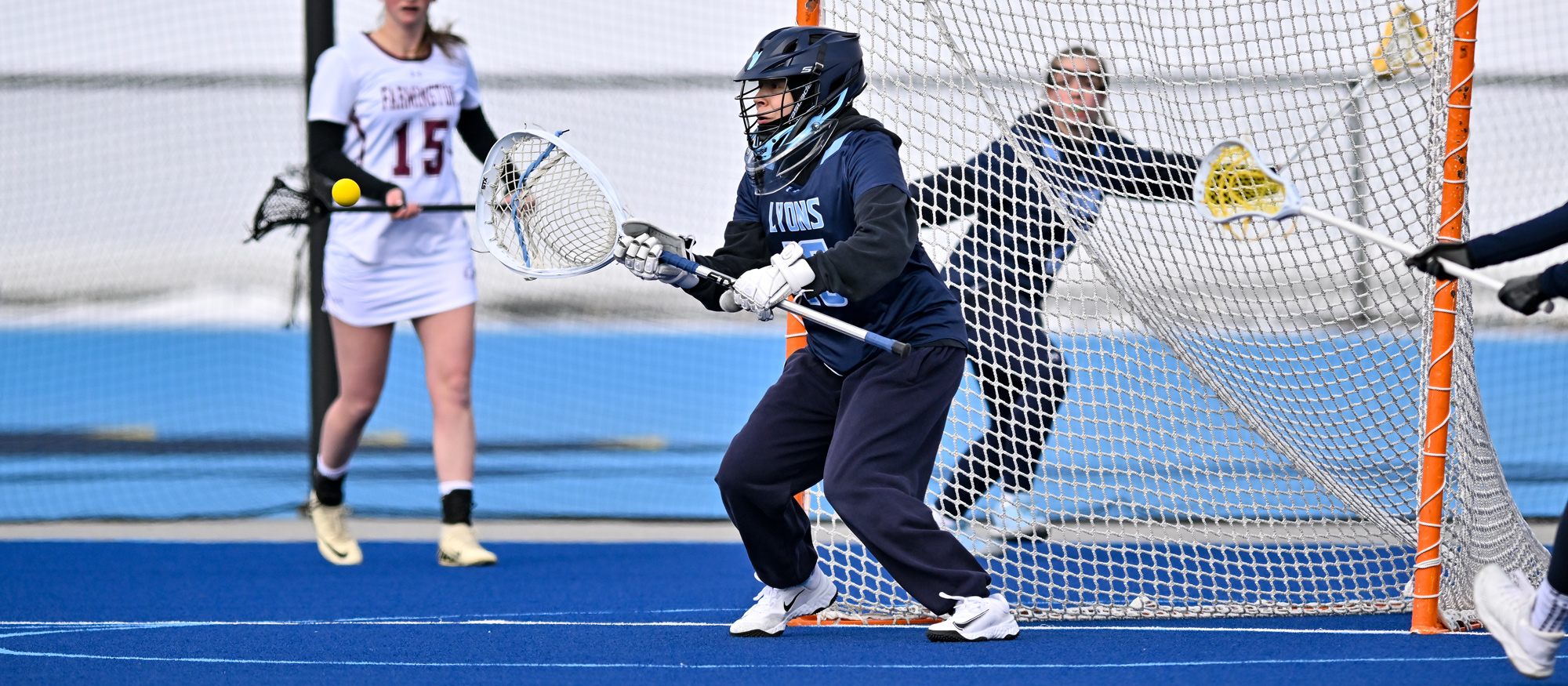 Val Bolanos made six saves in Mount Holyoke's loss at MIT on March 28, 2026. (RJB Sports file photo)
