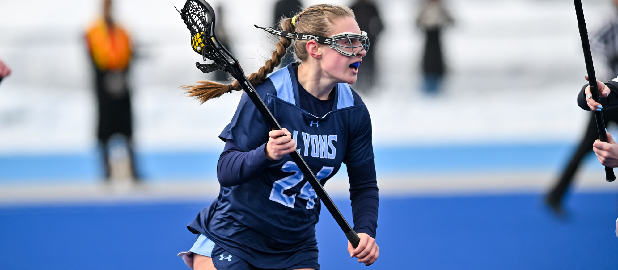 Juliana Spaulding scored both Mount Holyoke goals in a 23-2 loss at Babson on April 18, 2026. (RJB Sports file photo)