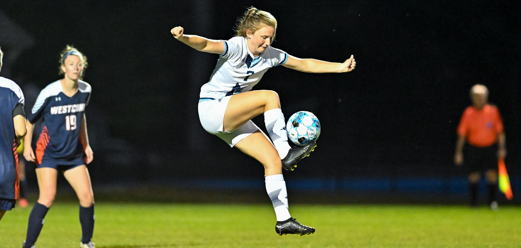 Hannah Keochakian scored the go-ahead goal in an eventual 1-1 tie at Wentworth Institute of Technology on Sept. 7, 2024 in Boston. (RJB Sports file photo)
