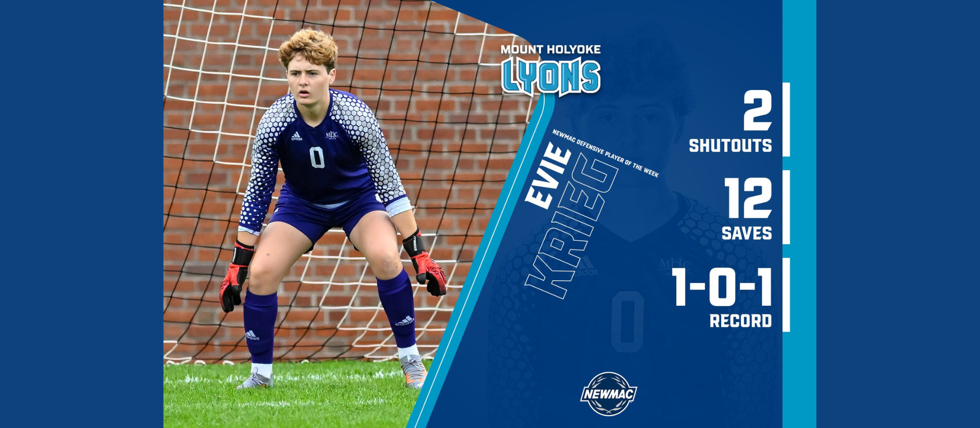 Sophomore goalie Evie Krieg won NEWMAC Defensive Player of the Week honors on Oct. 28, 2024. (RJB Sports photos)