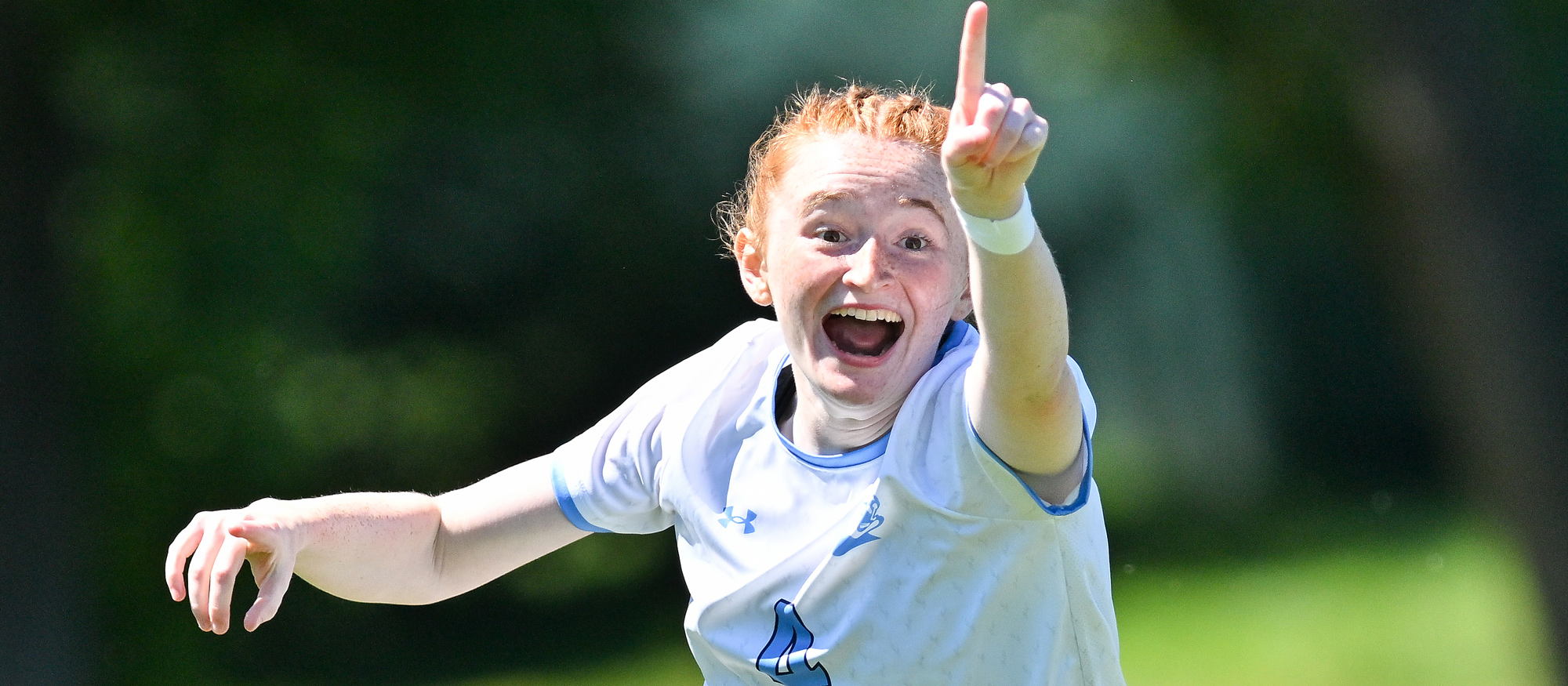 Ania McMichael reacts after scoring the first of her two goals in Mount Holyoke's 4-0 victory over Anna Maria on Aug. 31, 2025. (Bob Blanchard/RJB Sports)