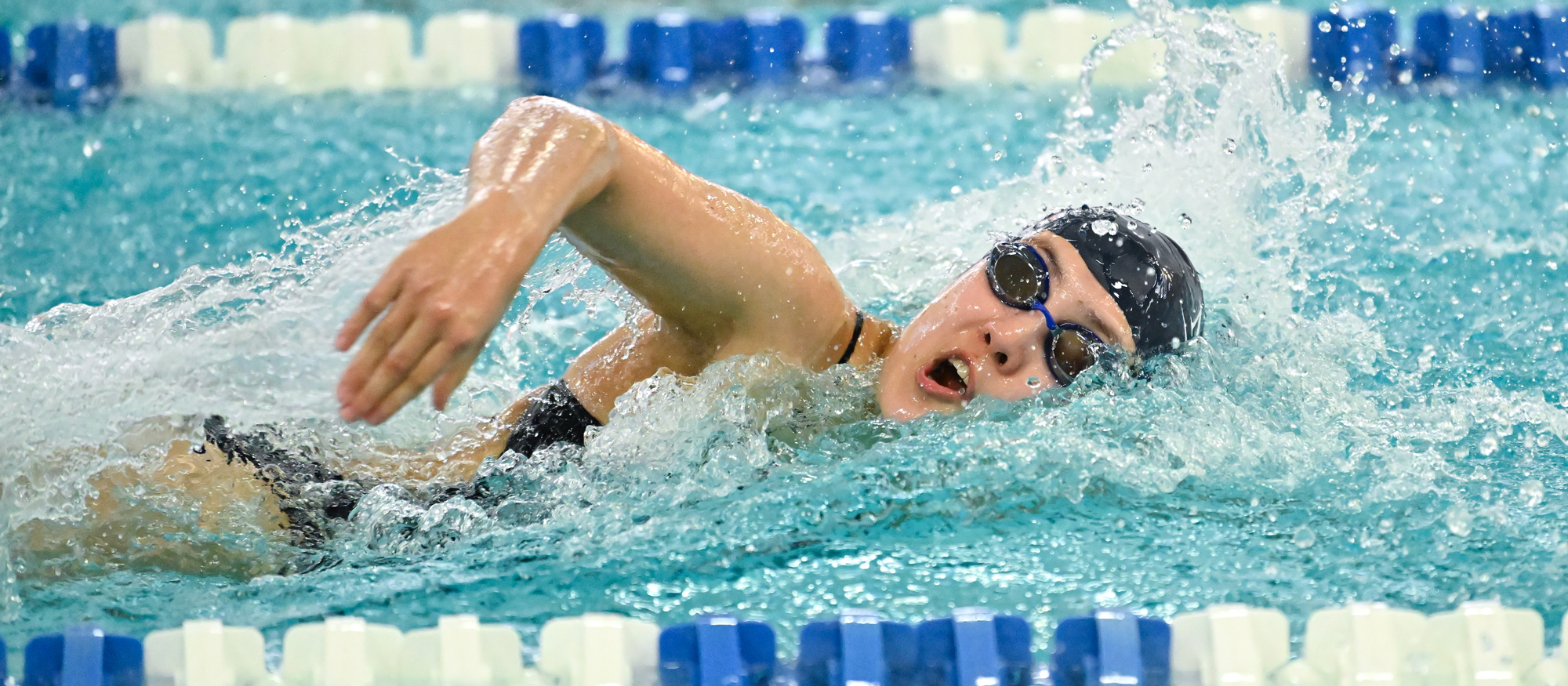 Kamlyn Yosick won both the 50- and 100-yard freestyle races, as well as two relay races in Mount Holyoke's 165-111 win at Westfield State on Nov. 15, 2024. (RJB Sports file photo)