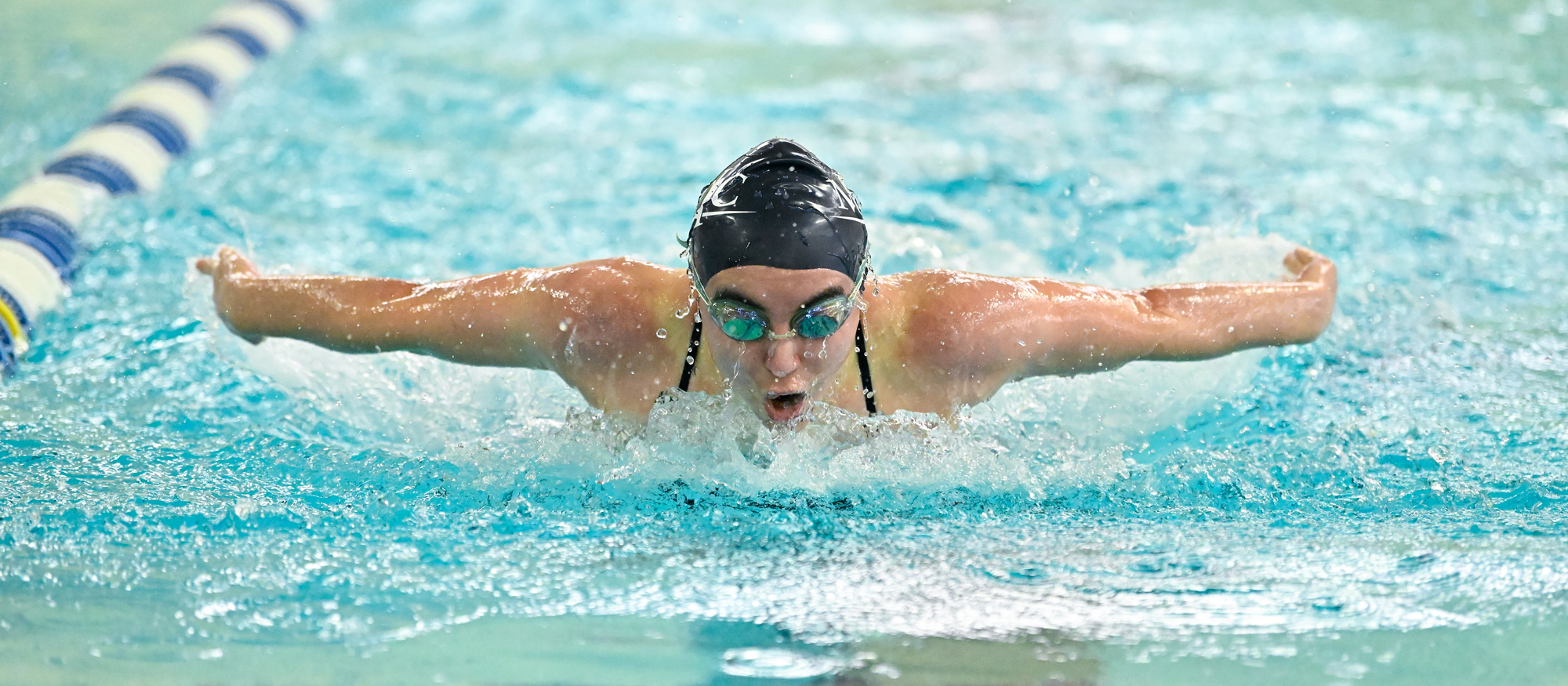 Isabel Dunn took first place in the 100 fly in Mount Holyoke's dual meet at the University of New England on Nov. 1, 2025. (RJB Sports file photo)