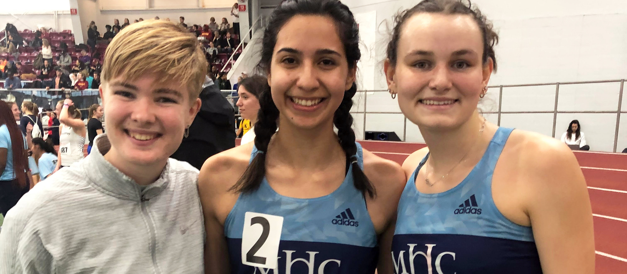 From left to right, Tessa Lancaster, Kim Beaver, and Devan Ravino all ran strong races at the Dave Hemery Valentine Invitational on Feb. 10, 2023 at Boston University. (Jay Hartshorn)