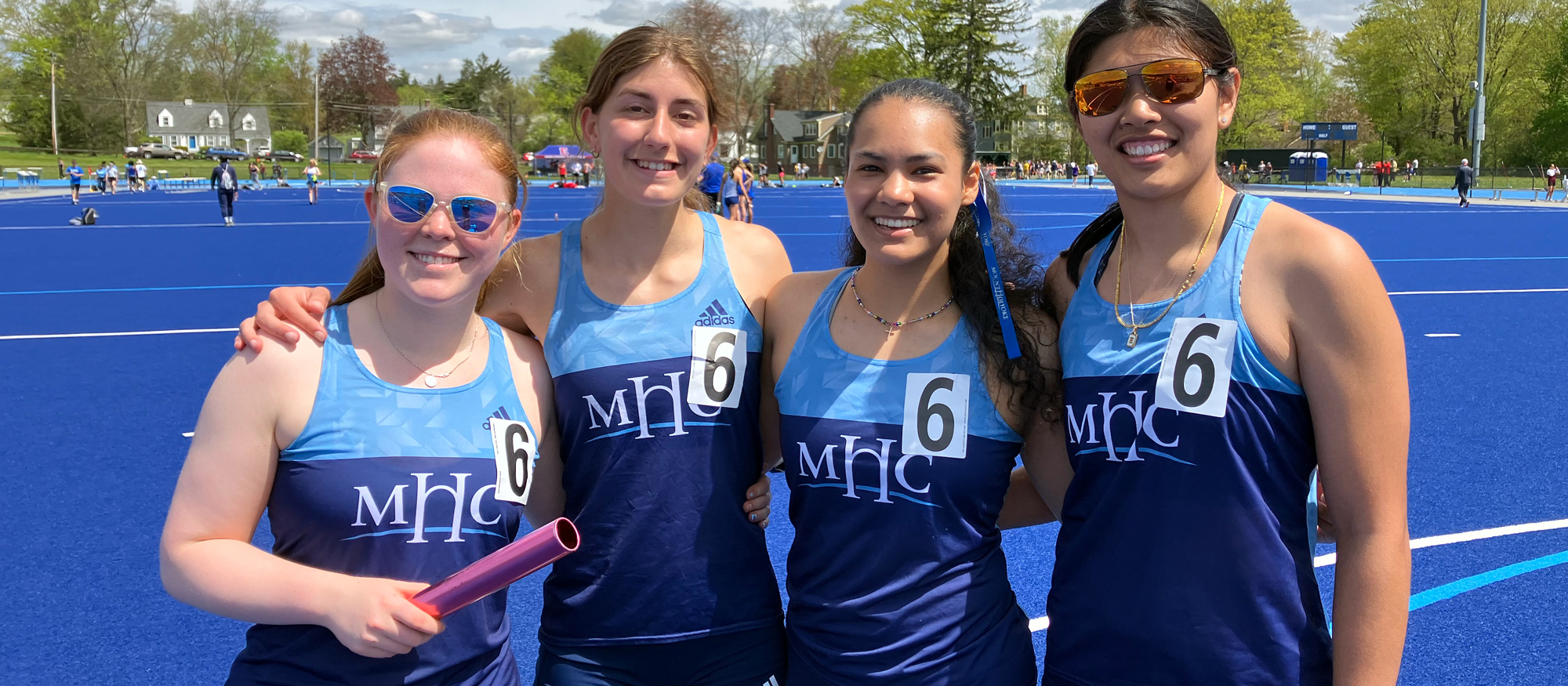 Mount Holyoke's 4x100 relay team (left to right: Addison Heintz, Ioanna Tsoni, Aria Mallare, Elle Rimando) placed seventh at the New England Division III Championships at Mount Holyoke on May 4, 2024.