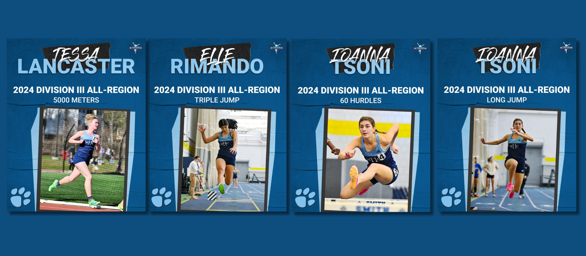 Three Mount Holyoke track and field athletes won a combined four All-Region honors on March 5, 2024. (Photos: RJB Sports)