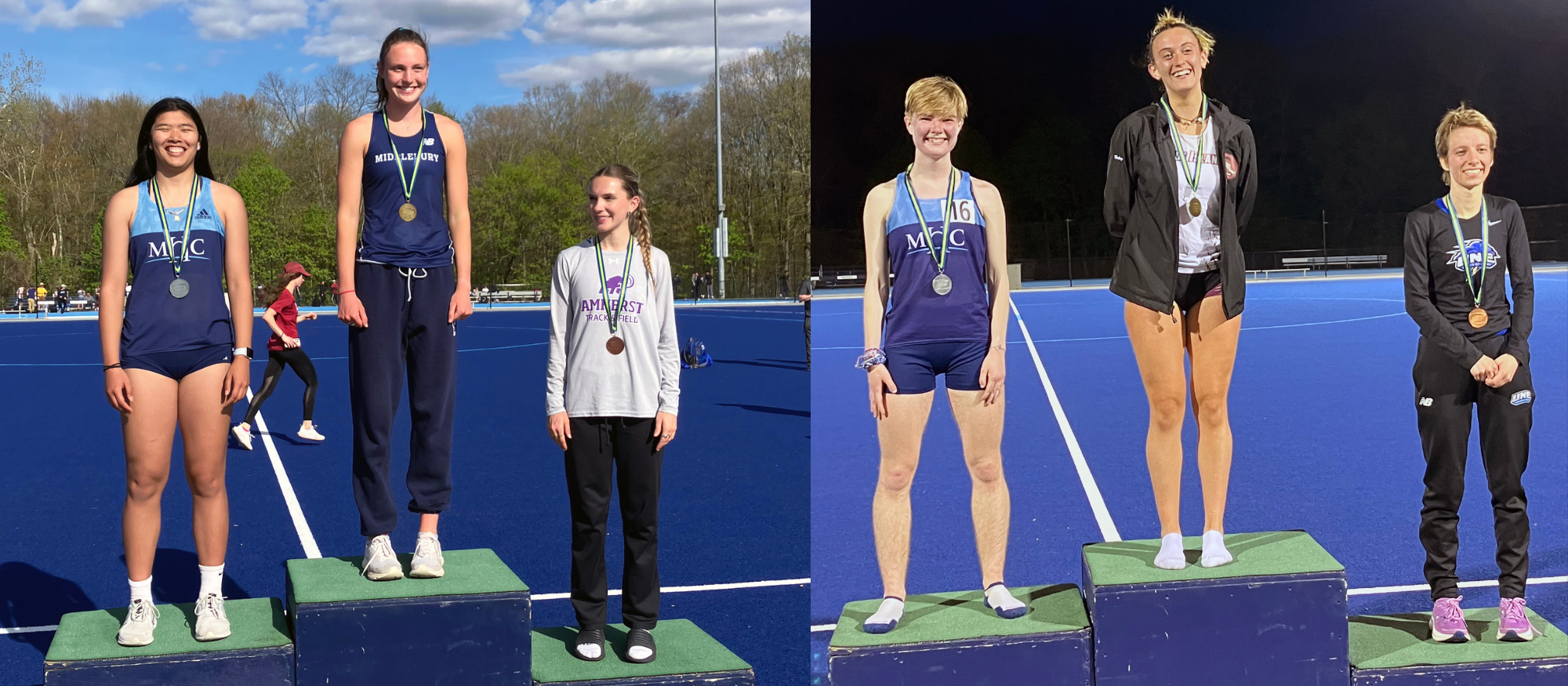 Elle Rimando (left image) placed second in the long jump and Tessa Lancaster (right image) placed second in the 10,000 meters, both with team-record marks, on May 3, 2024 at the New England Division III Championships at Mount Holyoke.