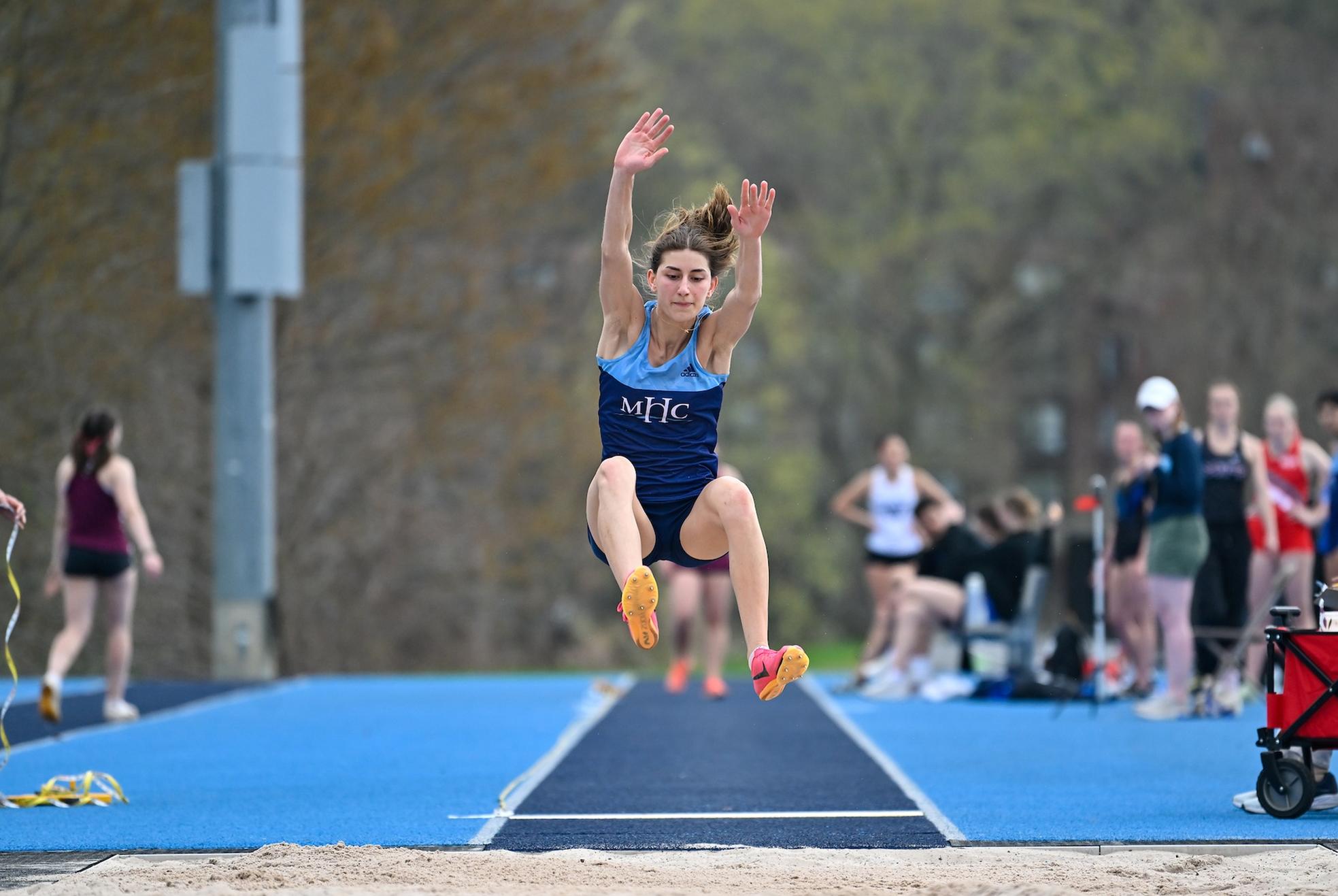 Ioanna Tsoni's long jump of 5.90 meters (19'4.25") won the New England Division III championship and broke her own team record on May 2, 2025 in New London, Conn. (RJB Sports file photo)
