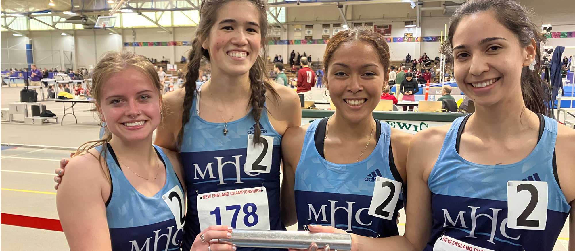 From left to right, Greta Trapp, Dalia Luckhardt, Sachi Robinson and Kim Beaver placed fifth in the 4x800 relay at the NEICAAA Championships in Boston, breaking the former Lyons team record in the event by 6.02 seconds.