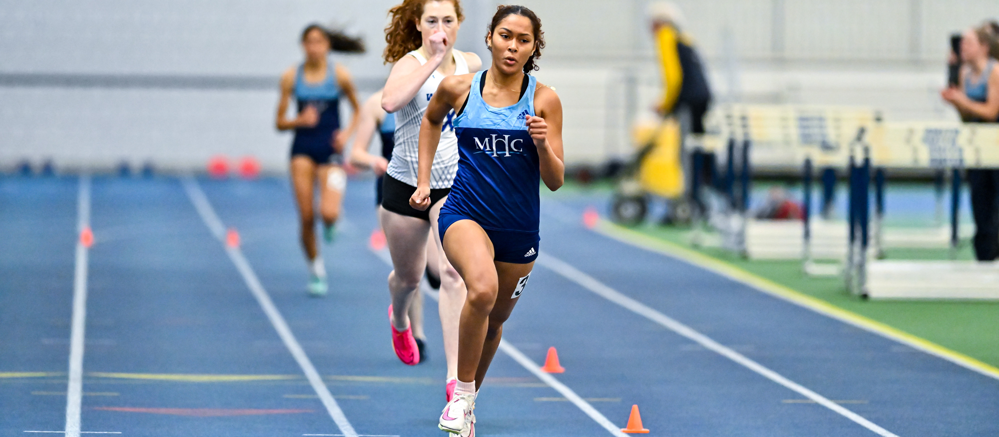 Sachi Robinson moved up on Mount Holyoke's all-time top 10 list in the 600 meters as she placed second out of 18 runners at the Smith College Mary Grinaker Invitational on Jan. 31, 2026. (RJB Sports file photo)