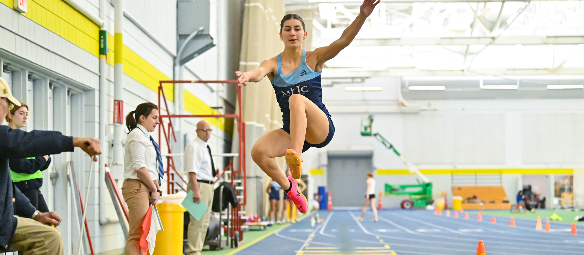 Ioanna Tsoni won the conference long jump title at 5.75 meters at the NEWMAC Track & Field Championships at Mount Holyoke on April 25, 2025. Tsoni broke her own team record in the event, as well as in the 100 hurdles, on the first day of the meet. (RJB Sports file photo)