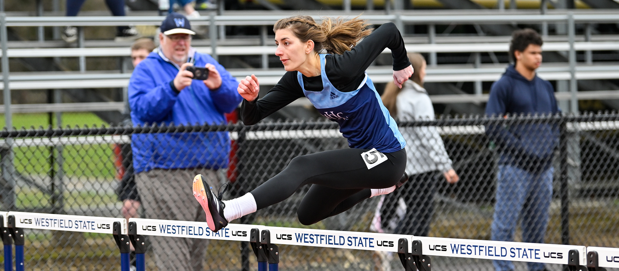 Ioanna Tsoni broke three team records -- 100 hurdles, long jump, and triple jump -- at the MHC-Smith-Wellesley Tri-Meet on April 19, 2025. (RJB Sports file photo)