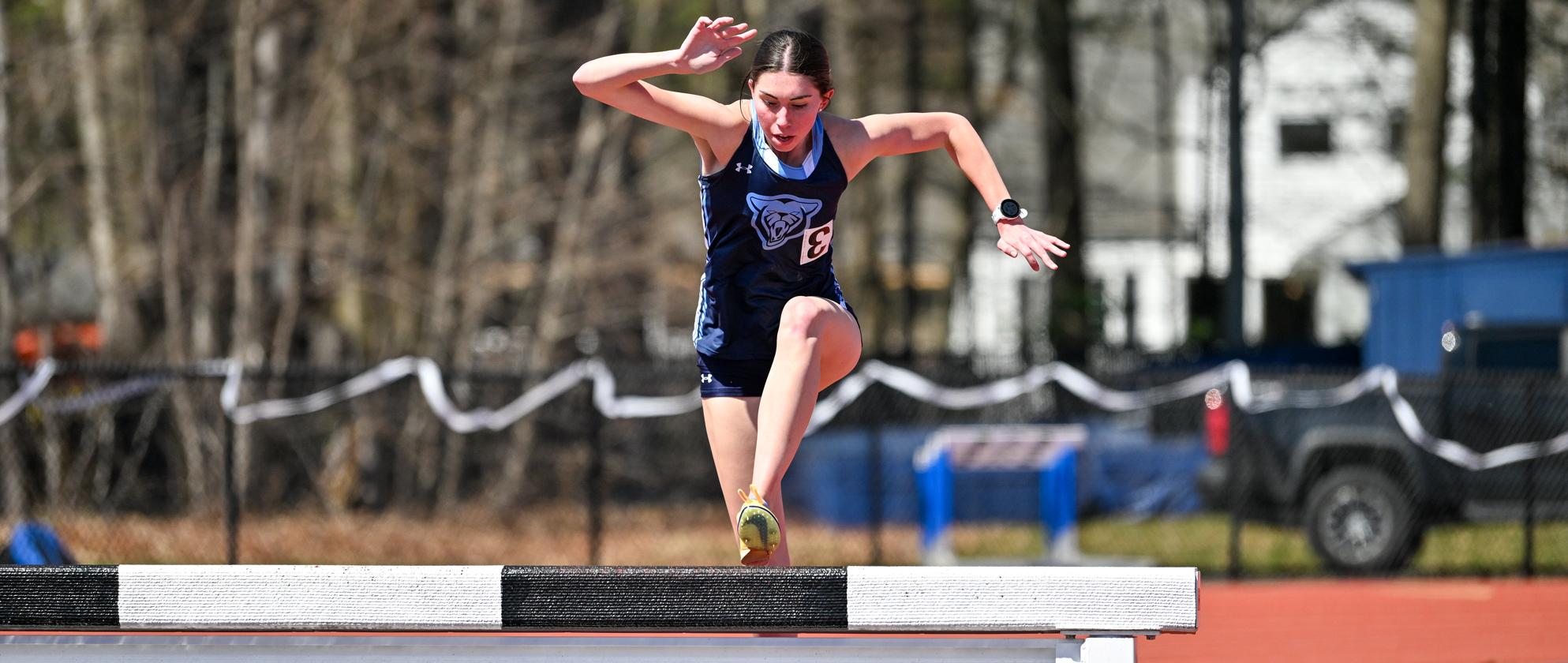 Annika Lackstrom crossed the finish line first in the 3,000 steeplechase at the Jerry Gravel Invitational at Westfield State on April 11, 2026. (Bob Blanchard/RJB Sports)