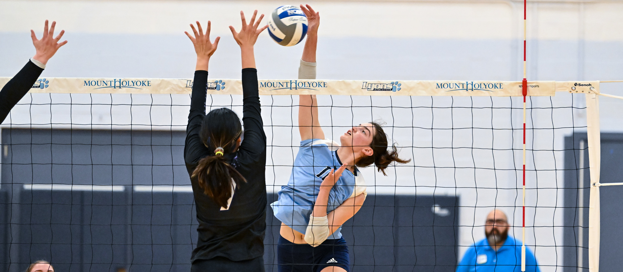 Madeline Barton had 13 kills and 16 digs in Mount Holyoke's 3-0 loss at Coast Guard on Oct. 29, 2024. (RJB Sports file photo)