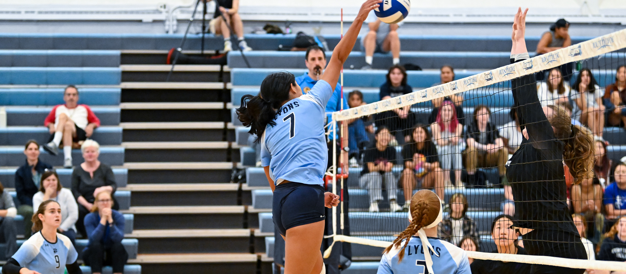 Elle Rimando had 12 kills and career-highs of five aces and 11 digs in Mount Holyoke's 3-1 loss at Amherst on Sept. 5, 2025. (RJB Sports file photo)