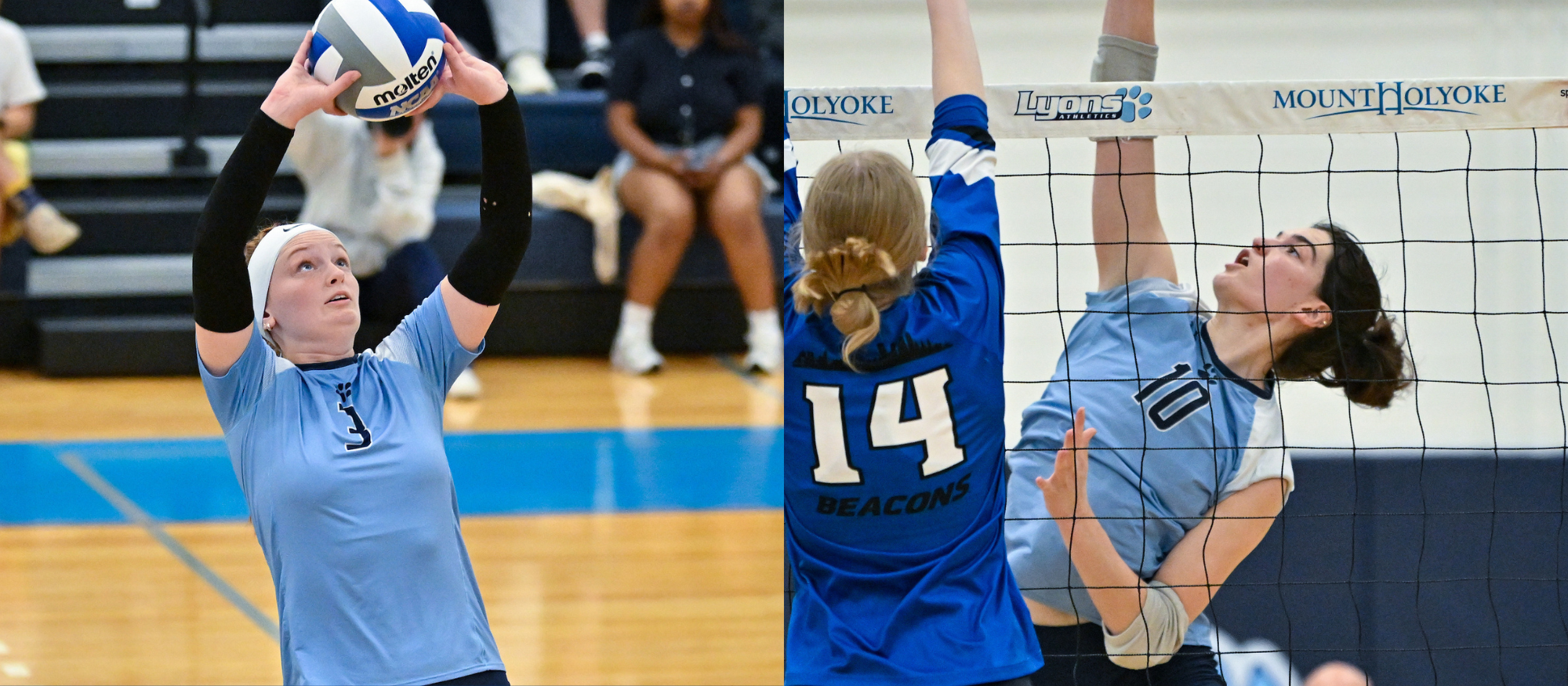 Sadie Duffrin (left) set Mount Holyoke's career assists record and Madeline Barton (right) set the career kills record in the same match against Maine Maritime Academy on Oct. 25, 2025. (RJB Sports file photos)