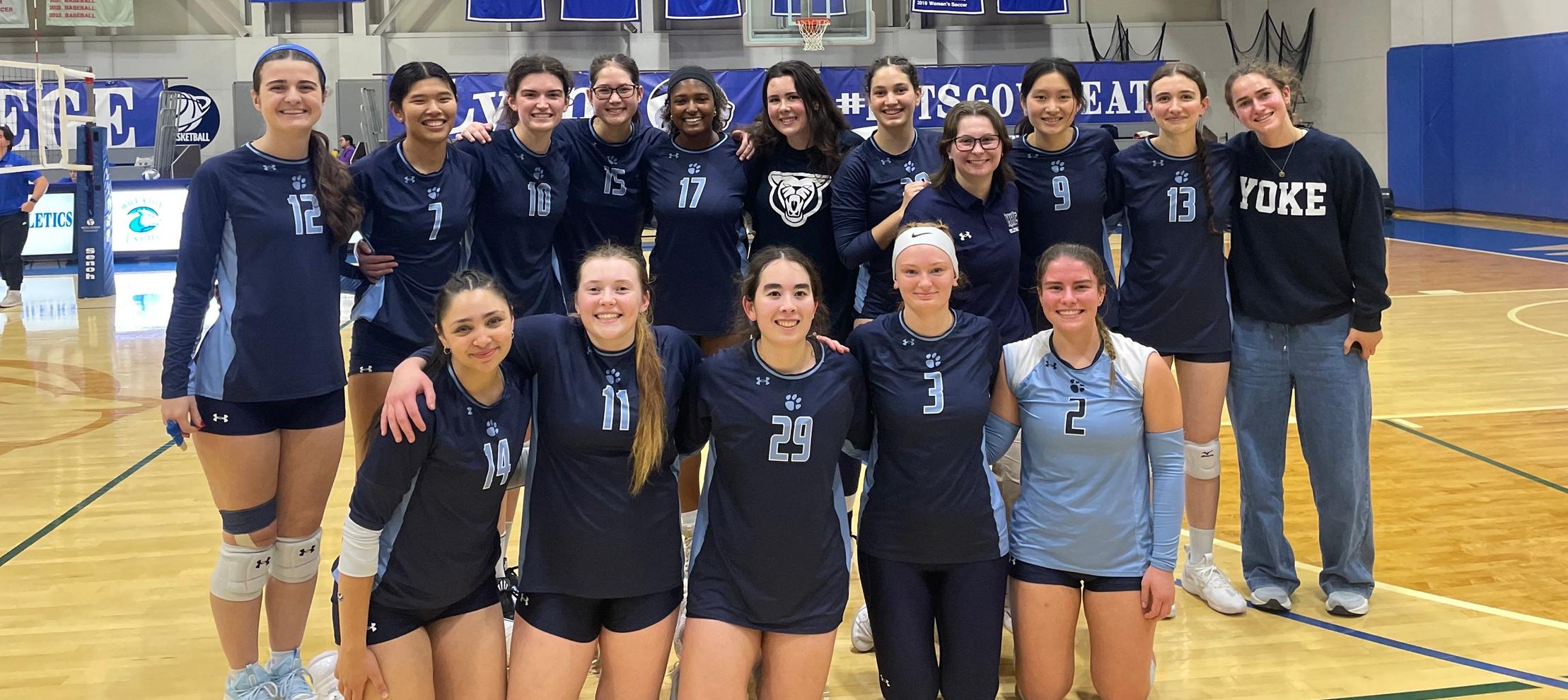 Mount Holyoke volleyball clinched its first trip to the NEWMAC playoffs since 2006 with its 3-2 win at Wheaton College on Nov. 8, 2025. (Jay Hartshorn)