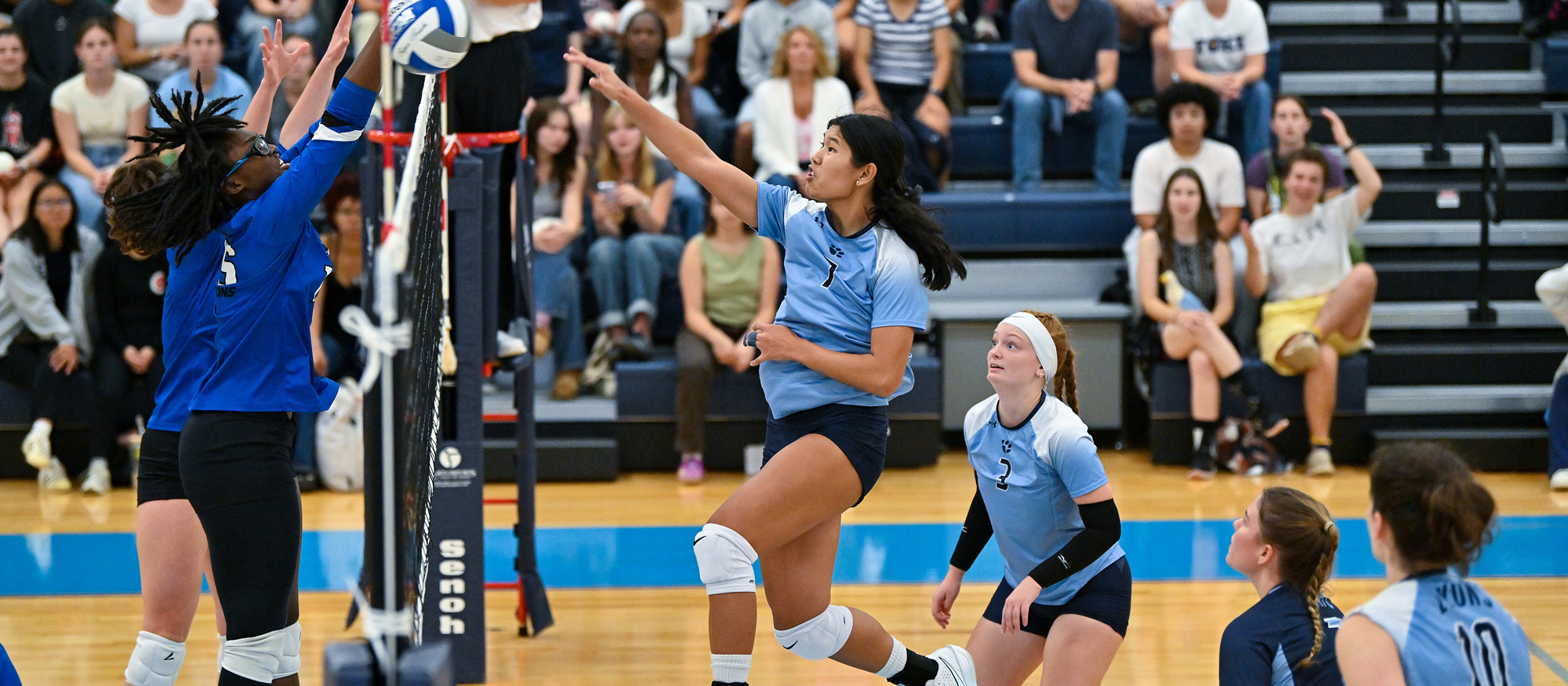 Elle Rimando had 13 kills and two blocks in Mount Holyoke's first match in the renovated Mildred S. Howard Gymnasium, a 3-1 decision against UMass Boston. (Bob Blanchard/RJB Sports)