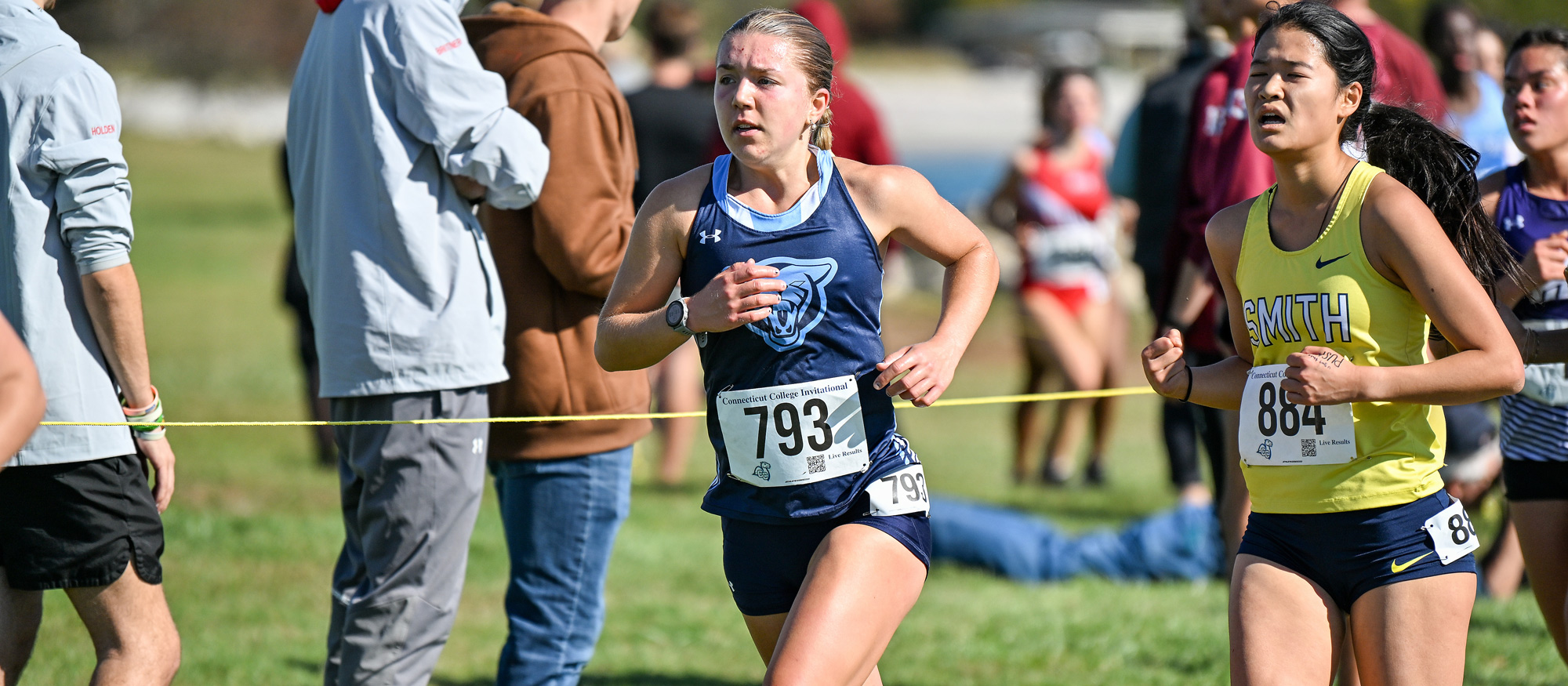 Sarah West paced the Mount Holyoke cross country team to 10th place among 12 teams at the NEWMAC Championships on Nov. 1, 2025. (RJB Sports file photo)