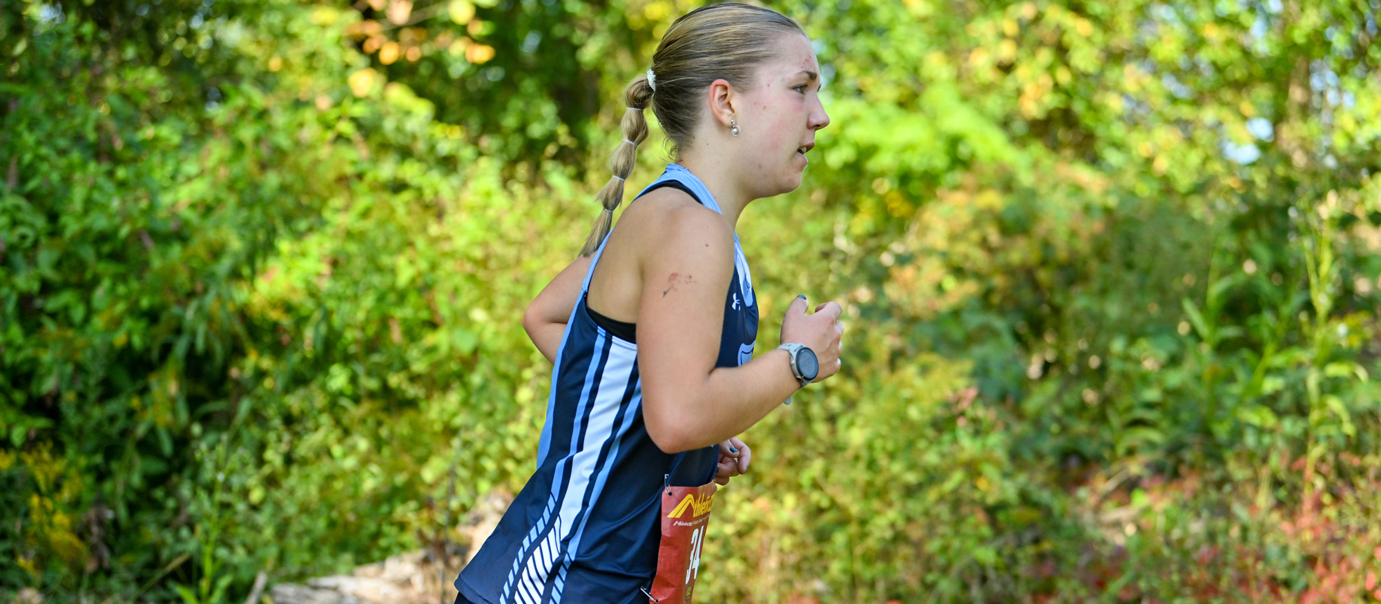 Sarah West crossed the finish line first for Mount Holyoke at the Connecticut College Invitational on Oct. 18, 2025, (RJB Sports file photo)